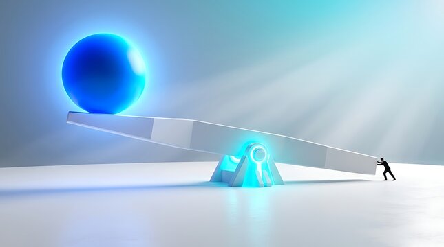 Glowing blue sphere leverage concept, small businessman pushing lever to lift heavy glowing globe, strategic business power illustration