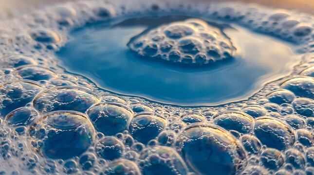 Blue soapy water bubbles and foam texture background