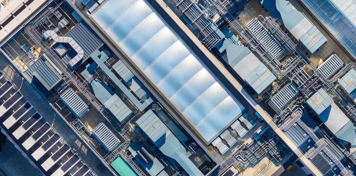 Aerial view of the data center at Oxford University featuring complex rooftop cooling systems, industrial ventilation units, and metal piping in Oxford, England, United Kingdom.
