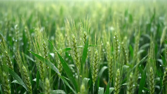 A close-up of a green wheat field with dewdrops and a green wheat field after rain