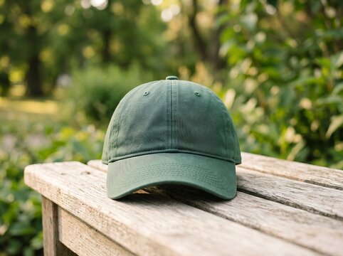 Classic dark green baseball cap resting casually on a rustic wooden bench, with soft, blurred natural foliage in the background, symbolizing a relaxed outdoor lifestyle