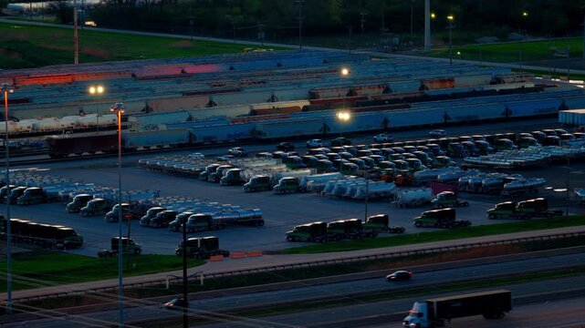 Industrial rail yard and truck parking lot at dawn aerial footage showing logistics hub activity.