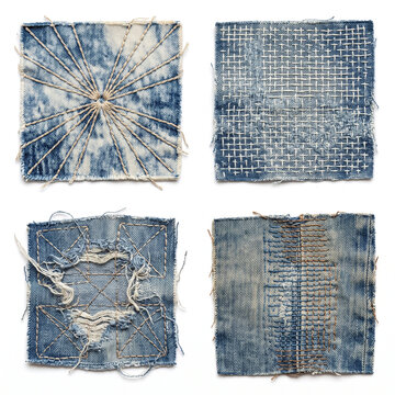 Collection of four unique denim fabric swatches showcasing intricate stitching patterns and distressed textures representing handmade textile art and creative crafting techniques with aged