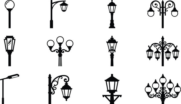 Black silhouette street lamp set with ornate vintage lanterns, globe lights, multi arm lamp posts and modern streetlights for urban and park design