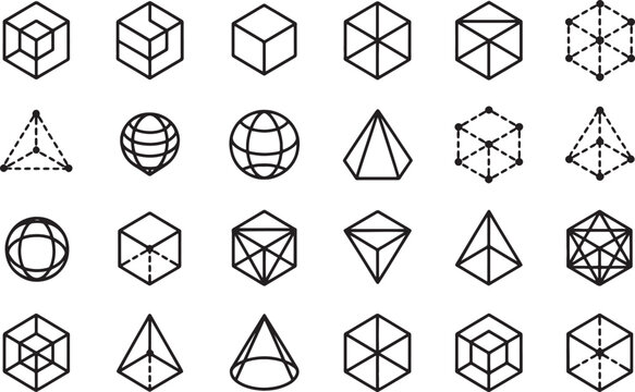 Geometric Shapes Set with Cubes, Spheres, Pyramids, and Polyhedra. Minimalist Line Art Icons, Abstract Design Elements.