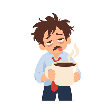 Tired Businessman Hugging Giant Coffee Mug Caffeine Monday Morning Illustration