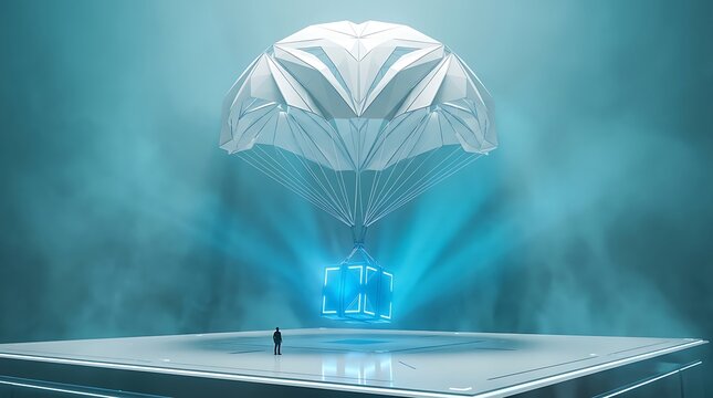 Futuristic digital parachute drop illustration, glowing cyber cargo supply box delivery, sci-fi concept artwork
