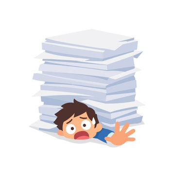 Stressed Office Worker Buried Under Pile of Documents Paperwork Overwhelmed Illustration