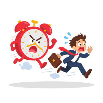 Panic Businessman Running Chased by Giant Alarm Clock Deadline Cartoon Illustration