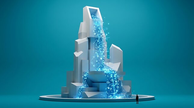 Abstract data waterfall sculpture, glowing digital information stream, low poly white mountain technology concept