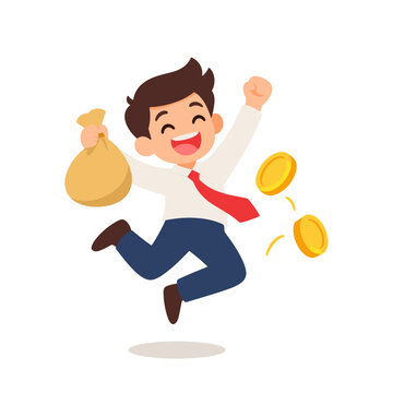 Happy Businessman Jumping with Money Bag and Gold Coins Payday Celebration Illustration