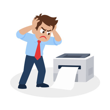 Annoyed Office Worker Staring at Jammed Printer Paper Jam Cartoon Illustration