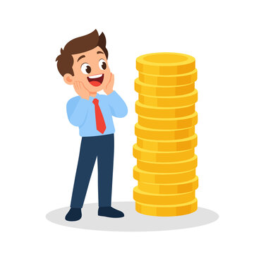 Amazed Office Worker Standing Next to Tall Stack of Gold Coins Savings Illustration
