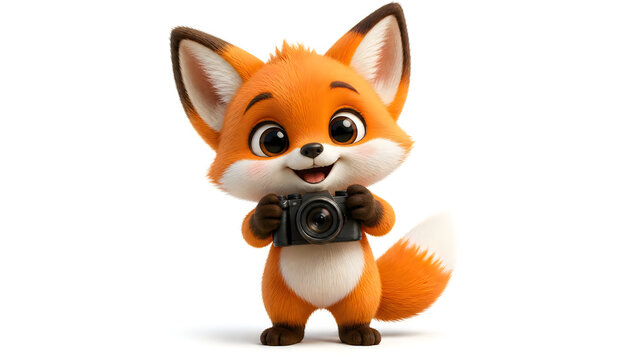 Cute 3D cartoon fox holding a black camera while standing isolated on a clean white background with a happy smiling face. Adorable photographer baby fox character 3D render illustration ideal for phot
