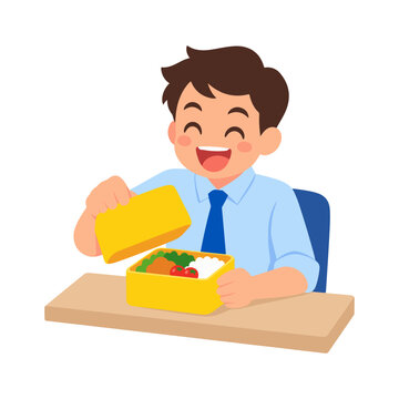 Happy Office Worker Opening Lunch Box Bento Break at Desk Cartoon Illustration