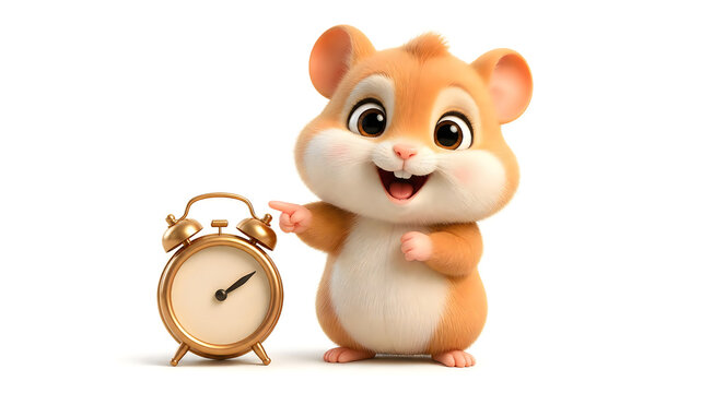 Cute 3D cartoon hamster pointing at an alarm clock while standing isolated on a white background with a joyful smiling face. Adorable pet hamster character 3D render illustration ideal for morning rou