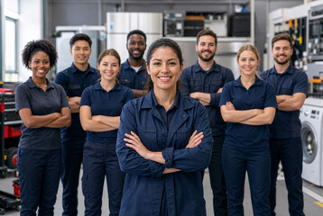 Fototapeta premium Appliance repair operations manager leads diverse service team, showcasing professional diagnostics, installation, maintenance and residential home appliance repair services.