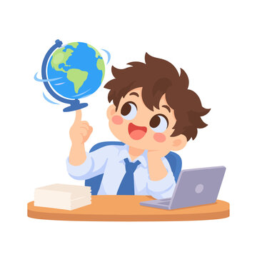 Dreamy Office Worker Spinning Desk Globe Daydreaming World Travel Cartoon Illustration