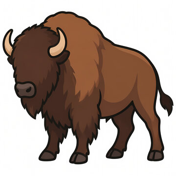 Vector illustration of a cute brown bison standing in a side view pose, isolated on white background. Detailed cartoon buffalo character for nature, wildlife, and educational design.