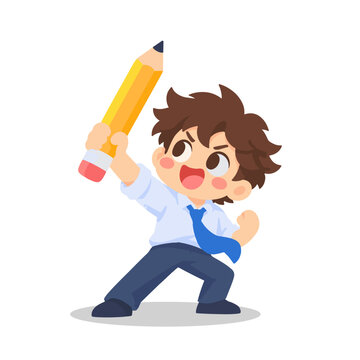 Proud Office Worker Holding Giant Pencil Like Sword Hero Pose Cartoon Illustration