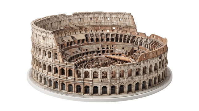 Miniature Colosseum architectural model, ancient scale replica isolated on white background, historical landmark structure
