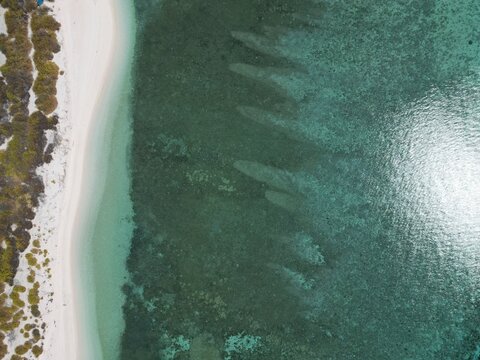 Aerial view of Pulau Ndaa featuring a pristine white sand beach meeting turquoise coral reef waters with clear shallow sea and coastal vegetation Tomia, South East Sulawesi, Indonesia.