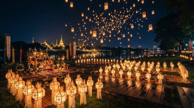 Beautiful Festival Night with Floating Lanterns and