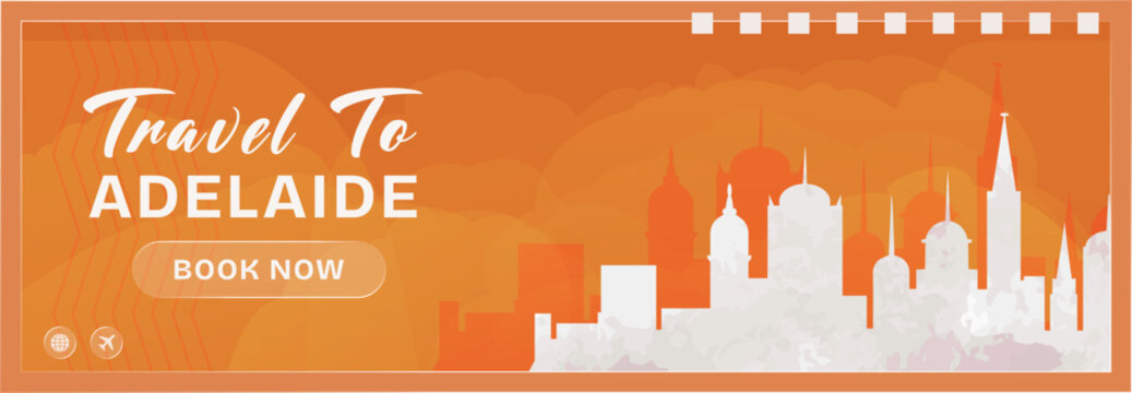Travel to Adelaide, Australia website header, promotion banner for travel booking. Layout with city skyline and landmarks in orange colour for holiday art, web design, travel agency, marketing