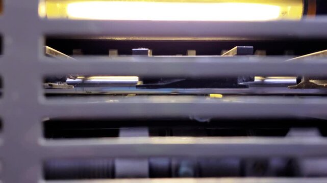 Industrial offset printing press machine in operation during paper production process inside modern factory.