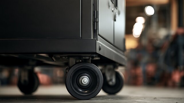 Close-up view of heavy duty industrial cart wheels in a warehouse setting.
