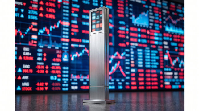Digital information kiosk displays real time stock market data with fluctuating charts and numbers on large electronic screens in a financial trading room reflecting global economic trends and
