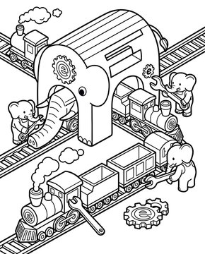 Isometric Alphabet Worksheet for Preschool Learning Elephant Engineers Fixing Toy Trains in Black and White 3D Letter Recognition Activity for Kids Printable Isometric Alphabet Practice Worksheet