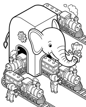 Isometric Alphabet Worksheet for Preschool Learning Elephant Train Factory Coloring Page for Kids 3D Letter Recognition Activity for Kids Printable Isometric Alphabet Practice Worksheet