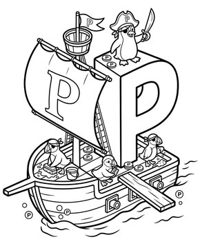 Isometric Alphabet Worksheet for Preschool Learning Pirate Penguin Ship with Letter P Illustration 3D Letter Recognition Activity for Kids Printable Isometric Alphabet Practice Worksheet