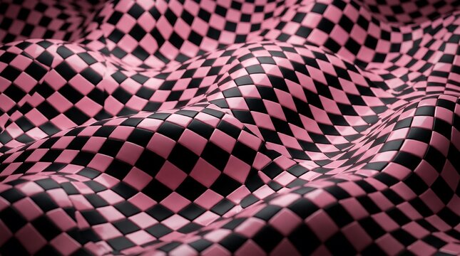 Abstract wavy pink and black checkered pattern background with glossy tiles creating a dynamic 3d perspective surface design
