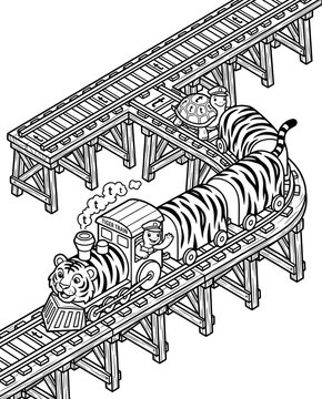 Isometric Alphabet Worksheet for Preschool Learning Whimsical Tiger Train on Elevated Tracks Illustration 3D Letter Recognition Activity for Kids Printable Isometric Alphabet Practice Worksheet