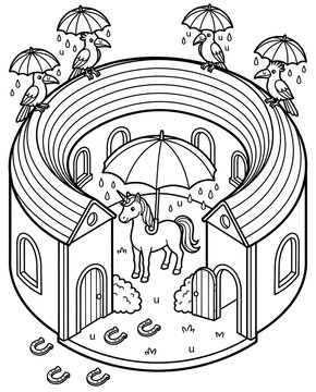 Isometric Alphabet Worksheet for Preschool Learning Whimsical Unicorn and Birds with Umbrellas Illustration 3D Letter Recognition Activity for Kids Printable Isometric Alphabet Practice Worksheet