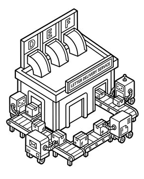 Isometric Alphabet Worksheet for Preschool Learning Isometric Robot Mail Sorting Facility Illustration 3D Letter Recognition Activity for Kids Printable Isometric Alphabet Practice Worksheet
