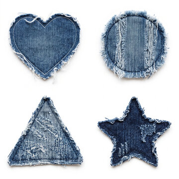 Collection of distressed denim fabric patches in various geometric and symbolic shapes including a heart triangle circle and star representing craft creativity sewing and DIY projects with a