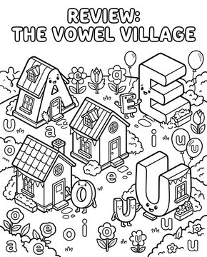 Isometric Alphabet Worksheet for Preschool Learning Educational Vowel Village Coloring Page for Kids 3D Letter Recognition Activity for Kids Printable Isometric Alphabet Practice Worksheet