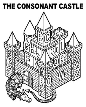 Isometric Alphabet Worksheet for Preschool Learning Alphabet Learning Castle with Consonant Dragon 3D Letter Recognition Activity for Kids Printable Isometric Alphabet Practice Worksheet