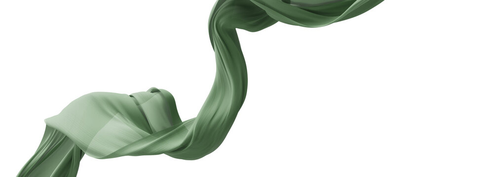Dynamic floating sage green sheer pleated chiffon fabric ribbon flowing with copy space design for cosmetic and skincare advertising background 3D render