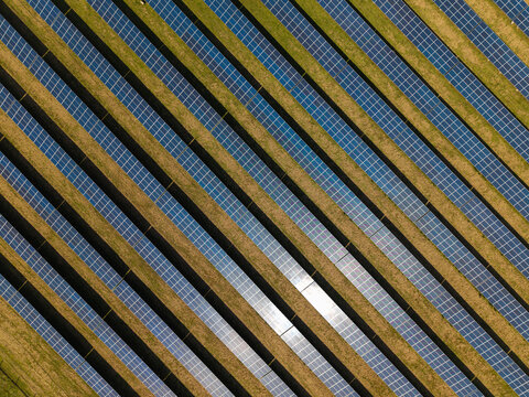 Aerial view of Lisburn Solar Farm with rows of photovoltaic panels arranged in diagonal lines across a grassy field in Lisburn, Northern Ireland, United Kingdom.