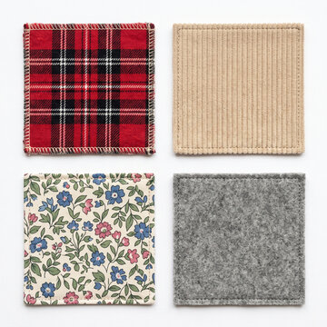 Four distinct fabric squares showcasing varied textures and patterns including a traditional tartan weave a ribbed corduroy a delicate floral print and a textured felt perfect for crafting home