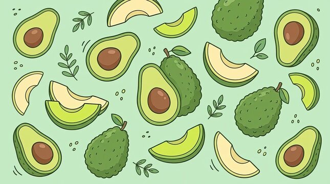 Cute avocado pattern on light green background.