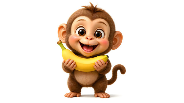 Adorable 3D cartoon monkey cub standing on an isolated white background holding a bright yellow banana with a joyful happy expression, high quality 3D rendered animal character illustration for kids s