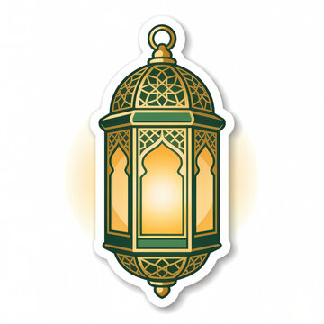 Decorative Islamic lantern vector illustration with green and gold frame, glowing light, and intricate geometric patterns isolated on white background for Ramadan or Eid celebration
