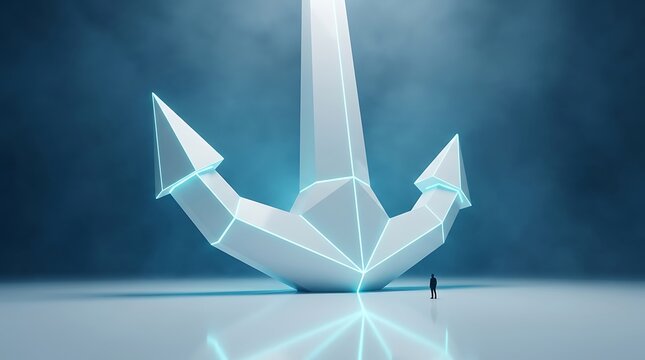 Futuristic low poly anchor illustration, giant metallic nautical symbol with glowing lines, business stability concept art