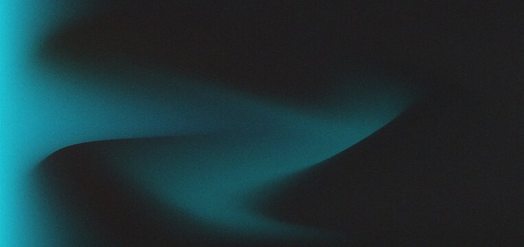 abstract grain background. Dark black texture with soft cyan blue light waves and subtle film grain for modern digital design.