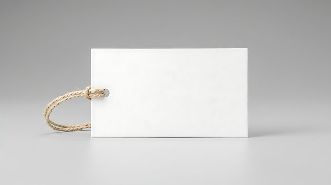 Blank White Retail Swing Tag with Twine String on Clean Minimalist Grey Background for Mockup and Label Design